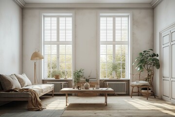 Fototapeta na wymiar Scandinavian living room with plaster wall, shutters, and white window. Architecture design concept. Blank background for copy space. Generative AI