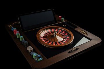Isolated tablet, roulette & chips for online casino. Keywords: digital, gambling, wager, chips, device, technology, gaming, betting, roulette, online. Generative AI