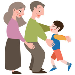 こどもの日や敬老の日シーンに最適なおじいちゃんおばあちゃんと胸に飛び込む男の子の人物カットイラスト_横向き