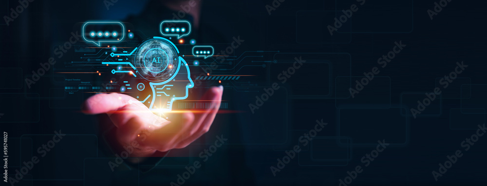 Poster businessman holding hologram digital chatbot, conversational assistant, ai artificial intelligence c