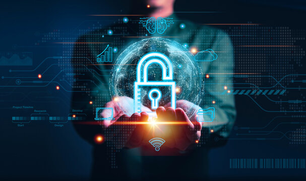 Businessman holding hologram padlock and use hologram global structure customer network technology, Analyzation data exchanges development systerm, customer service, Business strategy, Customer networ