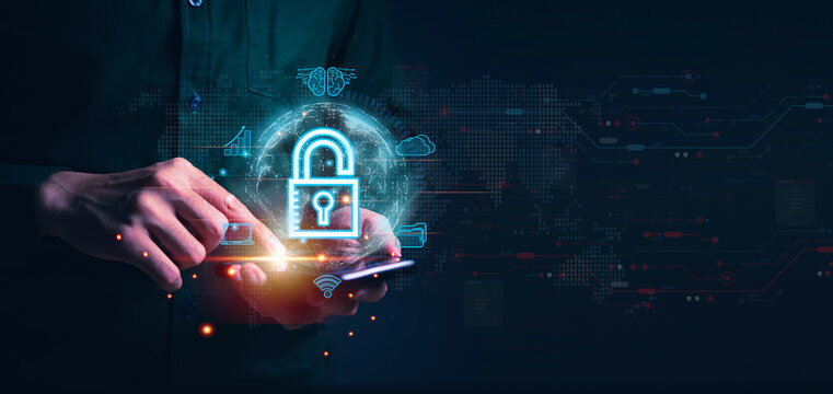 Businessman holding hologram padlock and use hologram global structure customer network technology, Analyzation data exchanges development systerm, customer service, Business strategy, Customer networ