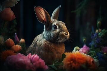 Fototapeta na wymiar Charming rabbit with blooms in its paws. Generative AI