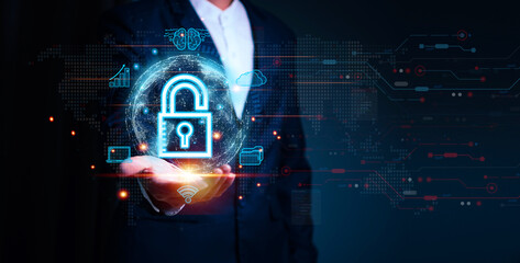 Businessman holding hologram padlock and use hologram global structure customer network technology, Analyzation data exchanges development systerm, customer service, Business strategy, Customer networ
