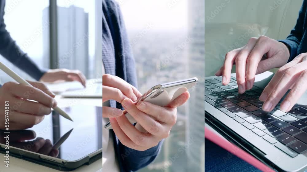Poster collage movie of people using digital devices concept. wipe transition from white background.