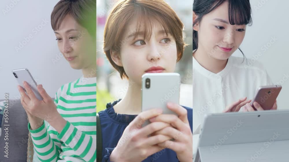Aufkleber スマホを使う女性グループのコラージュ映像　白バックからのワイプトランジション