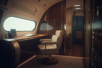 Fototapeta premium First Class Airplane Cabin with Personal Storage and Charger, Generative AI