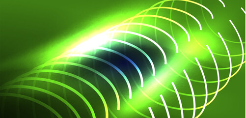 Neon laser lines, circles waves abstract background. Neon light or laser show, electric impulse, power lines, techno quantum energy impulse, magic glowing dynamic lines