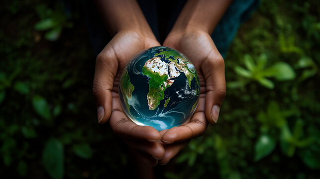 Top view of hands holding protect the earth on a nature background, protect nature, save earth, concept of the environment, world earth day. Generative AI
