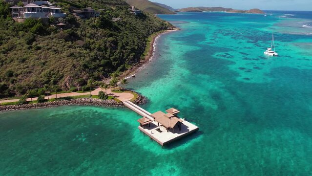Aerial View of Resort's Arriving Dock on Virgin Gorda, British Virgin Islands, Drone Shot