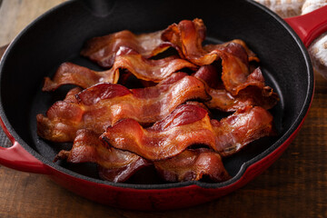 Cooked bacon in a cast iron pan