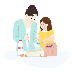 Mother and little daughter character making or baking food together in the kitchen. Cooking and spending time with kids concept. Flat Vector illustration isolated on a white background.