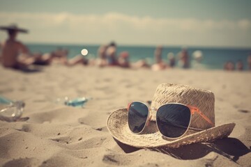Fototapeta na wymiar summer essentials on sandy beach, generative AI