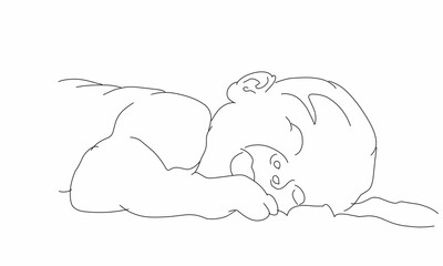 Line art of a baby lying on his stomach on a blanket seen from the side with his hand in his mouth.