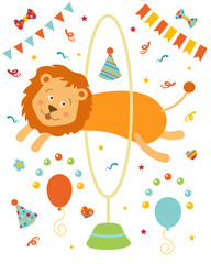 A cartoon holiday lion is jumping through a circus hoop over  a party hats and balloons. For kids 