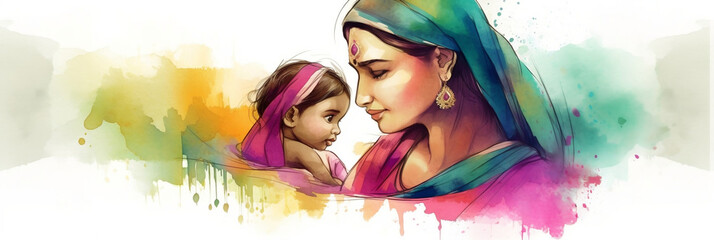 beautiful young indian woman mother with a child, colorful watercolor banner, Generative AI