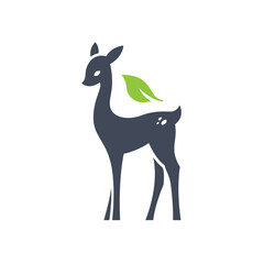 Cute baby deer and leaf nature concept illustration. Vector deer silhouette design. Elegant deer logo design, cartoon deer illustration.