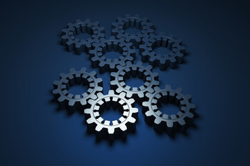 Close-up of metal gears on a blue background. 3d rendering illustration.