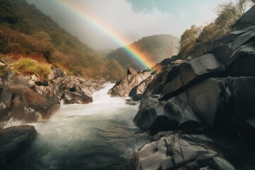 Rainbow above waterfall with river and rocks below. Generative AI