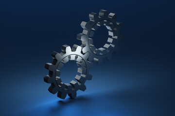 Fototapeta na wymiar Close-up of metal gears on a blue background. 3d rendering illustration.