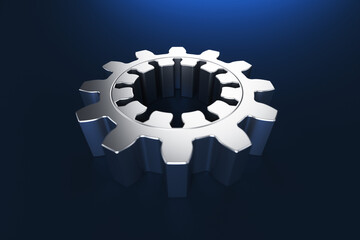 Close-up of metal gears on a blue background. 3d rendering illustration.