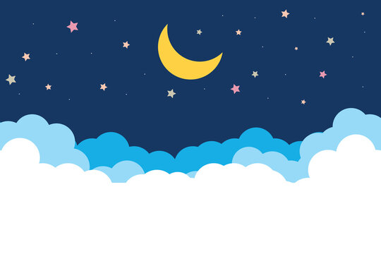 night sky with stars and moon. paper art style. Dreamy background with moon stars and clouds, abstract fantasy background. Half moon, stars and clouds on the dark night sky background. 