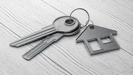 Keys with house shaped keychain. Real Estate Mortgage Property Management Rent Buy concept