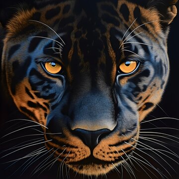 black leopard with blue eyes, in the style of airbrush art, light gold and orange, 32k uhd, ferrania p30, light blue and amber, screen printing, detailed facial features