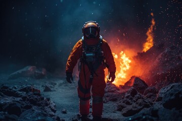 Fototapeta na wymiar Astronaut walking away from fire. Generative AI.