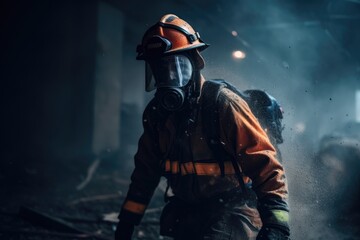 Obraz premium Firefighter walking into danger. Generative AI.