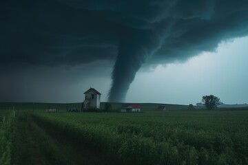 Fototapeta na wymiar Tornado weather cloud over farm. Generative AI.