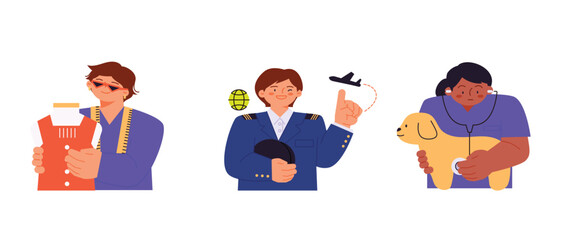 Labor Day. people who are working. Fashion designer, pilot, veterinarian.