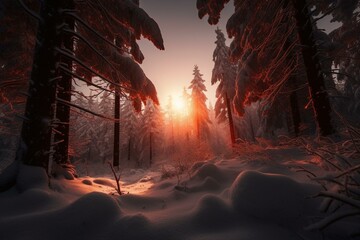 Red sunrise over snowy evergreen wood. Childish artwork. Generative AI