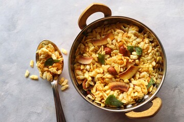 Thick Pohe Chiwda. Diwali special savory snack, made out of puffed rice, fried peanuts, curry...