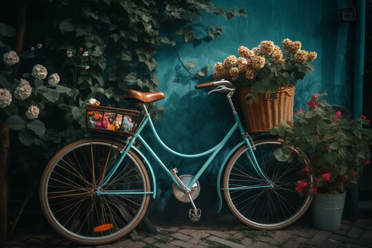 Artwork depicting a bike and flowers by blue wall. Generative AI