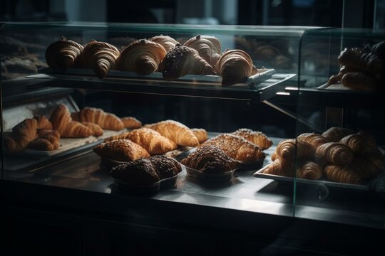 Bakery showcases croissants & danish pastries. Generative AI