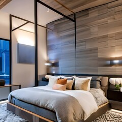 19 A contemporary bedroom with a platform bed, a mix of textures, and a bold geometric rug2, Generative AI