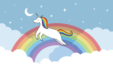 Unicorn horse jump flying on clouds rainbow moon stars background