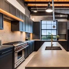 11 A modern, industrial-inspired kitchen with concrete countertops, exposed pipes, and a mix of black and natural wood finishes5, Generative AI