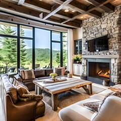 6 A cozy, rustic-inspired living room with a stone fireplace, exposed wooden beams, and a mix of textured fabrics1, Generative AI