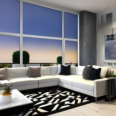9 A contemporary, open-concept living room with a white sectional, a geometric rug, and a large abstract painting1, Generative AI