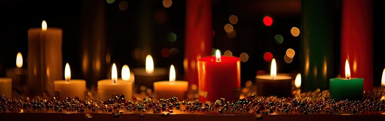 Burning candle and Christmas decoration over snow and wooden background. Generative Ai.