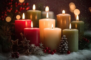 Burning candle and Christmas decoration over snow and wooden background. Generative Ai.