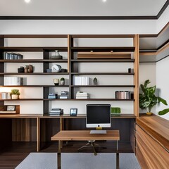 4 A mid-century modern home office with a mix of wooden and metal finishes, a large wall-mounted bookshelf, and a statement desk lamp3, Generative AI