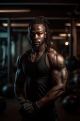 Fototapeta na wymiar A portrait of a black muscular man at the gym made with Generative AI