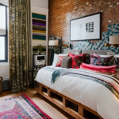 16 An eclectic, bohemian-inspired bedroom with a mix of patterned and solid bedding, a mix of antique and modern furniture, and a statement rug4, Generative AI