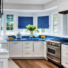 14 A coastal-inspired kitchen with a mix of blue and white cabinetry, a white farmhouse sink, and a large window with a view3, Generative AI