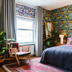 16 An eclectic, bohemian-inspired bedroom with a mix of patterned and solid bedding, a mix of antique and modern furniture, and a statement rug1, Generative AI