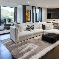 9 A contemporary, open-concept living room with a white sectional, a geometric rug, and a large abstract painting3, Generative AI