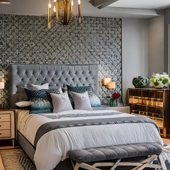 7 A cozy, eclectic bedroom with a mix of patterned and solid bedding, a mix of antique and modern furniture, and a statement chandelier2, Generative AI